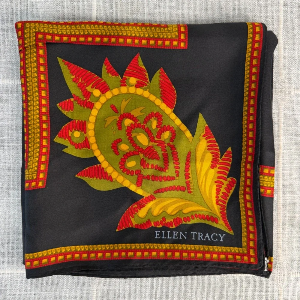 Linda Allard For Ellen Tracy Silk‎ Scarf Black Red Gold Square Silk Scarf